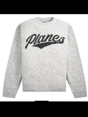 Paper Planes Script Crewneck Sweater - Size Medium - Light Grey & Black